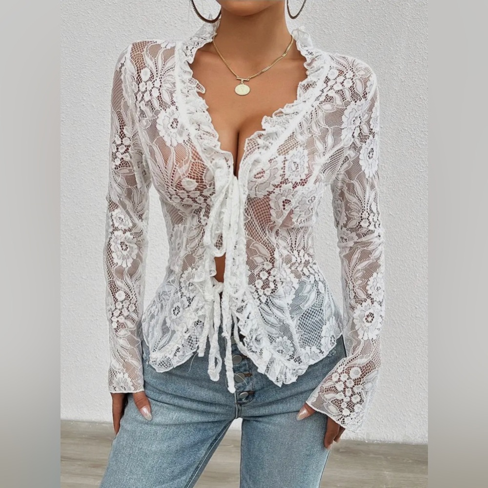 Passion Sexy Low Cut Long Sleeve Lace Solid Color Blouse - Picture 3 of 6